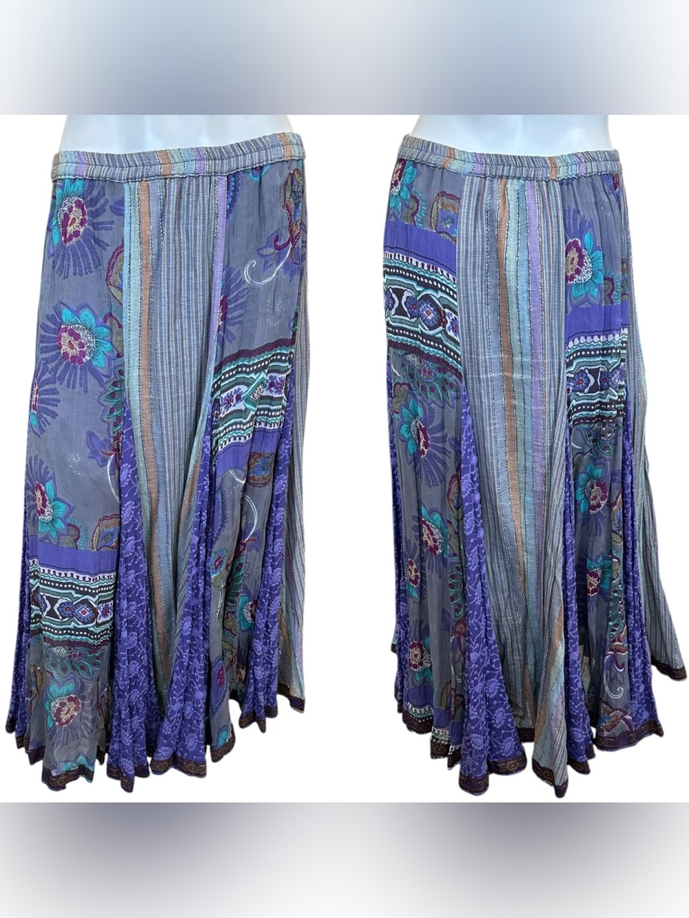 Soft Surroundings Multi Panel Boho Purple Embroidered Maxi Skirt Petite Medium